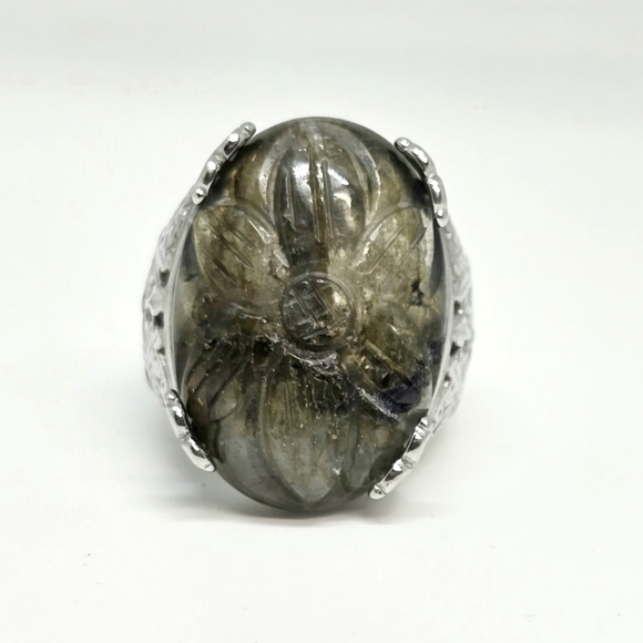 Ever True Jewelry - Hand Carved Malagasy Labradorite Dragon Flower Ring in Stainless Steel 11.65 ctw